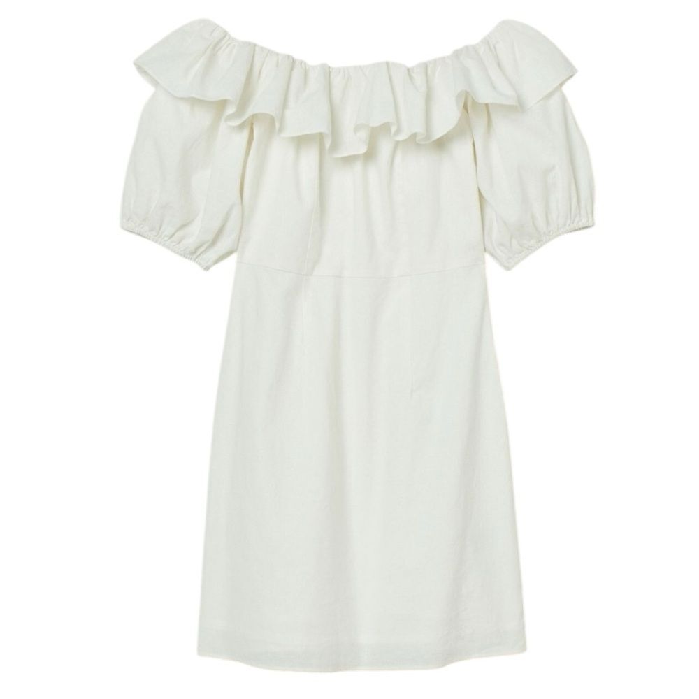 H&M White Flounce Sleeve Off-The-Shoulder Linen Mini Dress
